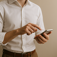 A close-up of a person in a white shirt using a smartphone to book a hypnotherapy session with Leading Edge Hypnotherapy, symbolizing easy online scheduling and accessible care for clients worldwide.
