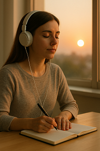 “Woman journaling at sunrise while listening to hypnosis audio—morning routine for lasting change at Leading Edge Hypnotherapy.”