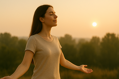 “Woman standing in sunrise light with arms open, symbolizing emotional freedom, self-acceptance, and healing through weight loss hypnosis at Leading Edge Hypnotherapy.”