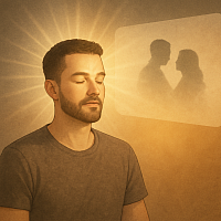 “Man meditating with light radiating from his forehead, visualizing healing and rewiring the imagination through hypnotherapy at Leading Edge Hypnotherapy.”