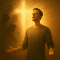 “Man standing in radiant light before a glowing cross, releasing darkness and reclaiming spiritual authority through Christ at Leading Edge Hypnotherapy.”
