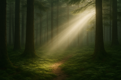 Sunlight breaking through a misty forest, symbolizing healing and breakthrough. Used by Leading Edge Hypnotherapy to represent trauma recovery, emotional release, and the light of hope through subconscious healing.