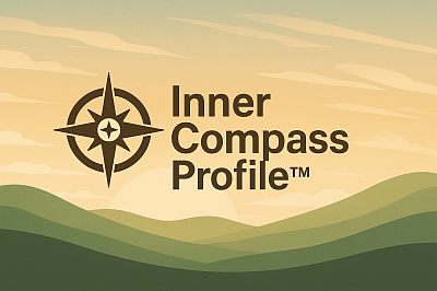 InnerCompass Profile&trade; logo with compass rose over sunrise landscape, symbolizing healing and direction.